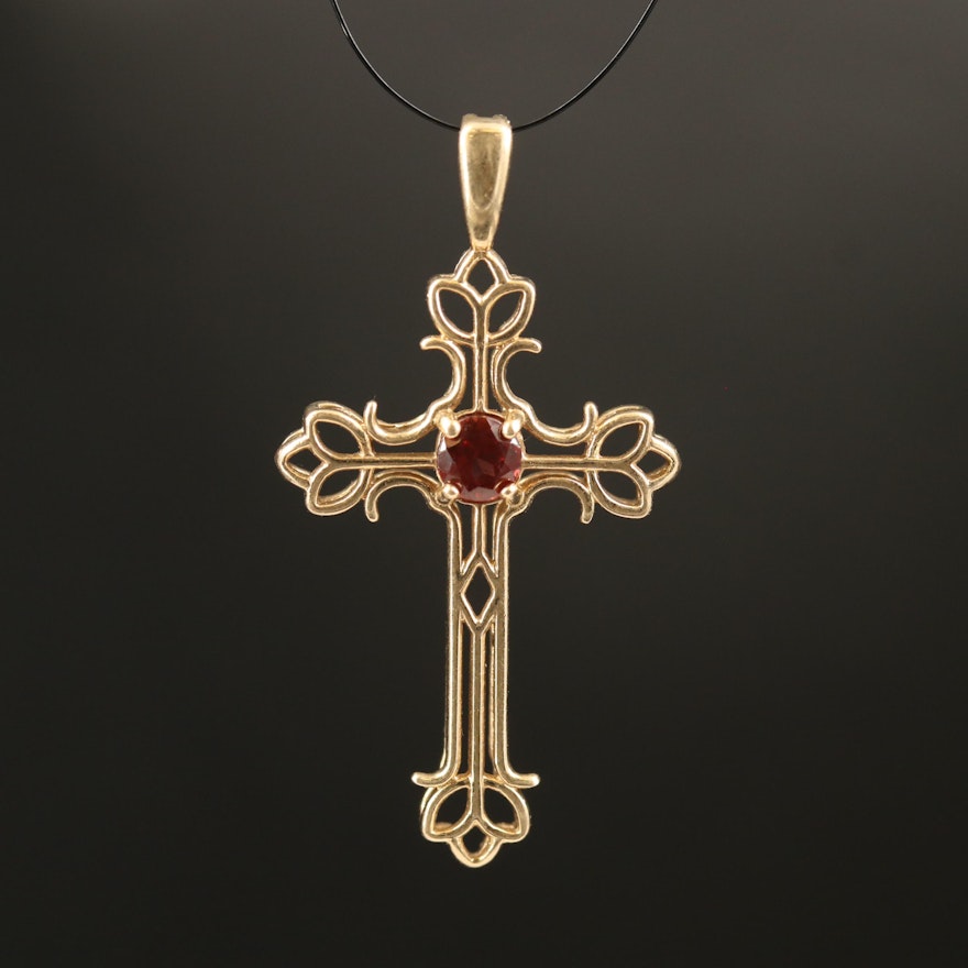 10K Garnet Openwork Cross Pendant