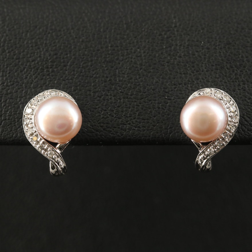 10K Button Pearl and Diamond J-Hoop Earrings