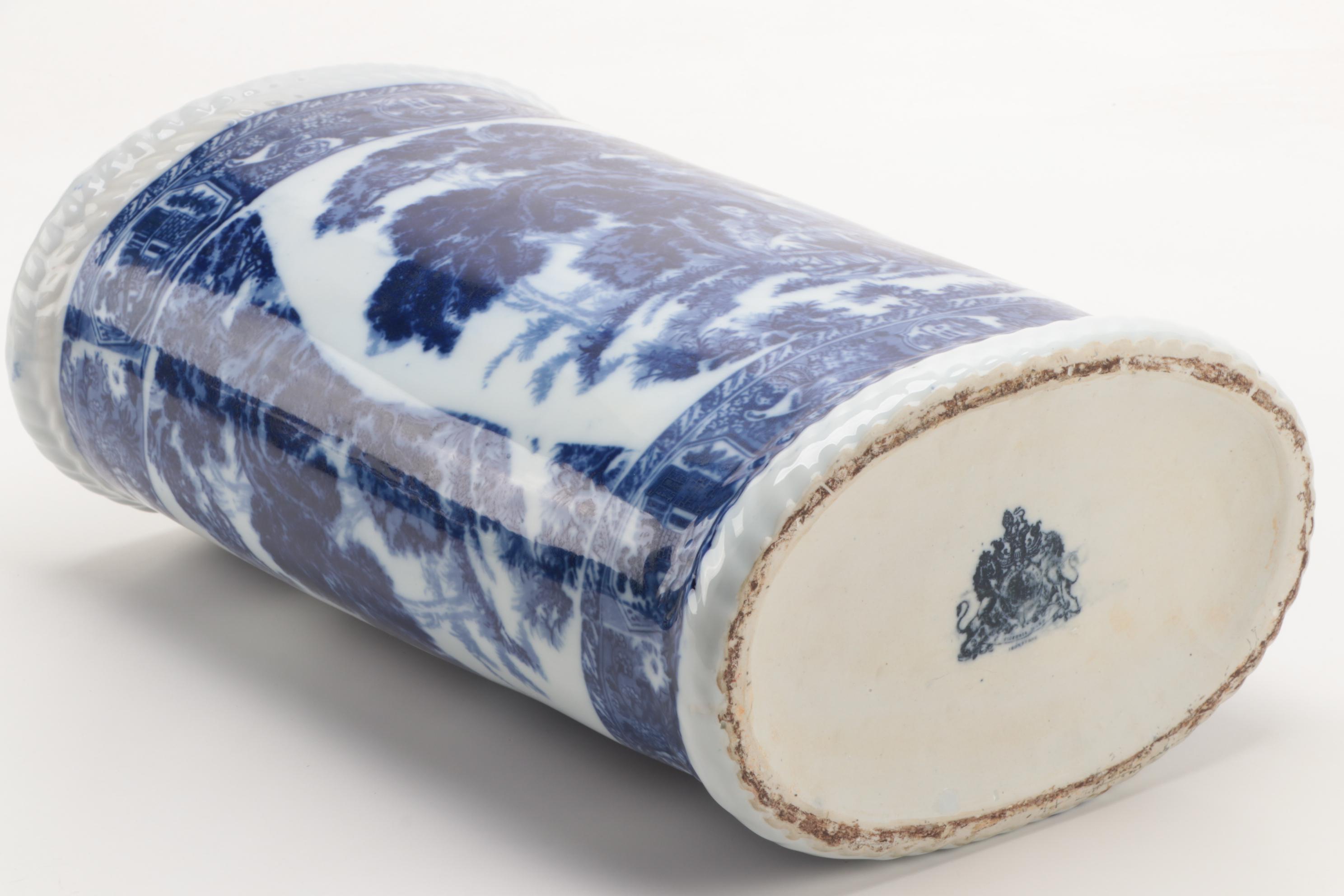 Victoria Ware Blue and White Ironstone Umbrella Stand, Late 20th Century