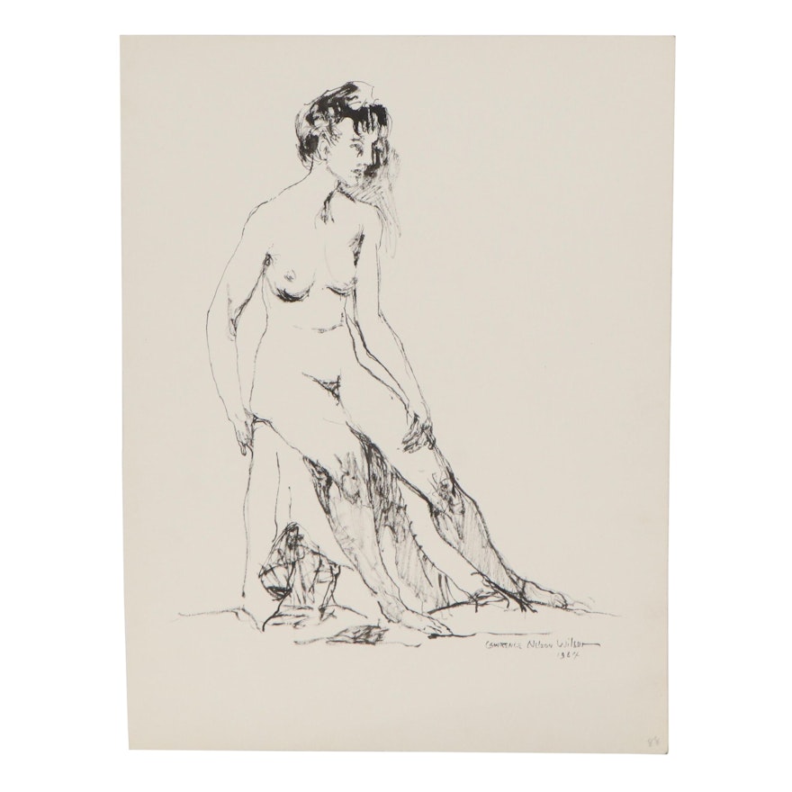Lawrence Nelson Wilbur Ink Drawing "Standing Nude," 1964