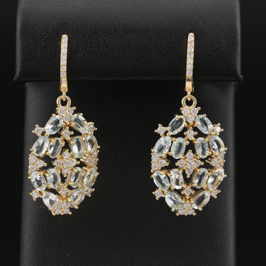 Sterling Aquamarne and Cubic Zirconia Cluster Earrings