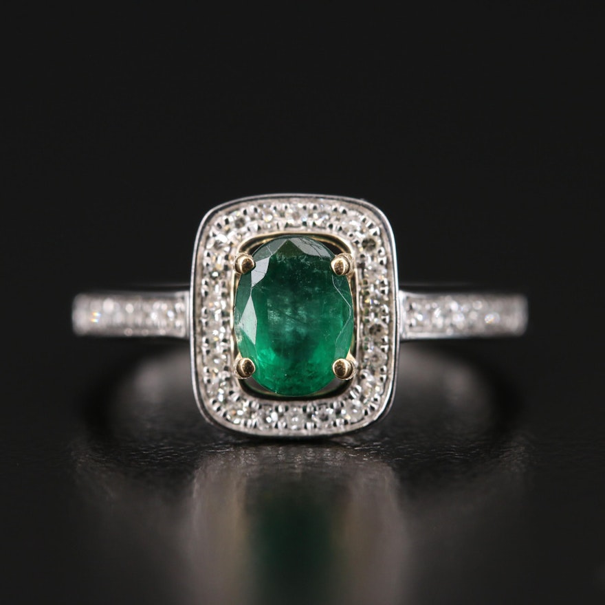 14K White Gold Emerald and Diamond Ring with Yellow Gold Accents