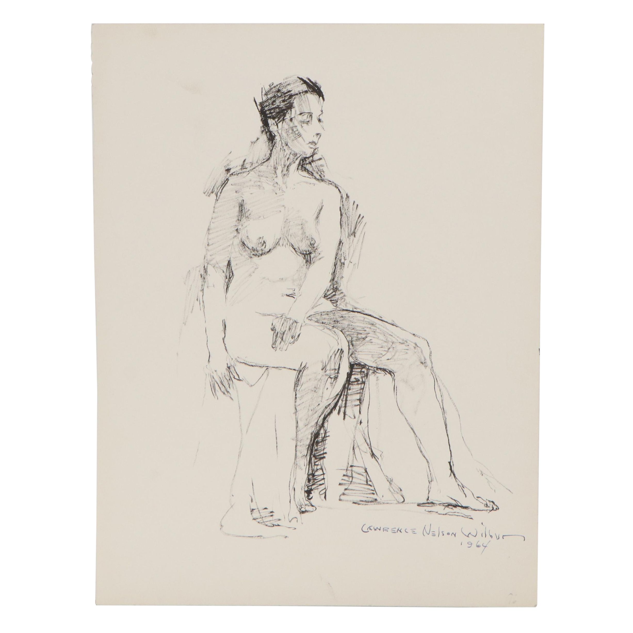Lawrence Nelson Wilbur Ink Drawing "Seated Nude," 1964