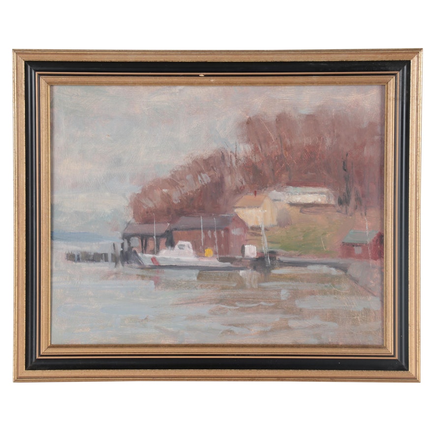Harry Barton Dock Landscape Oil Painting "Quiet Cove," Mid to Late 20th Century