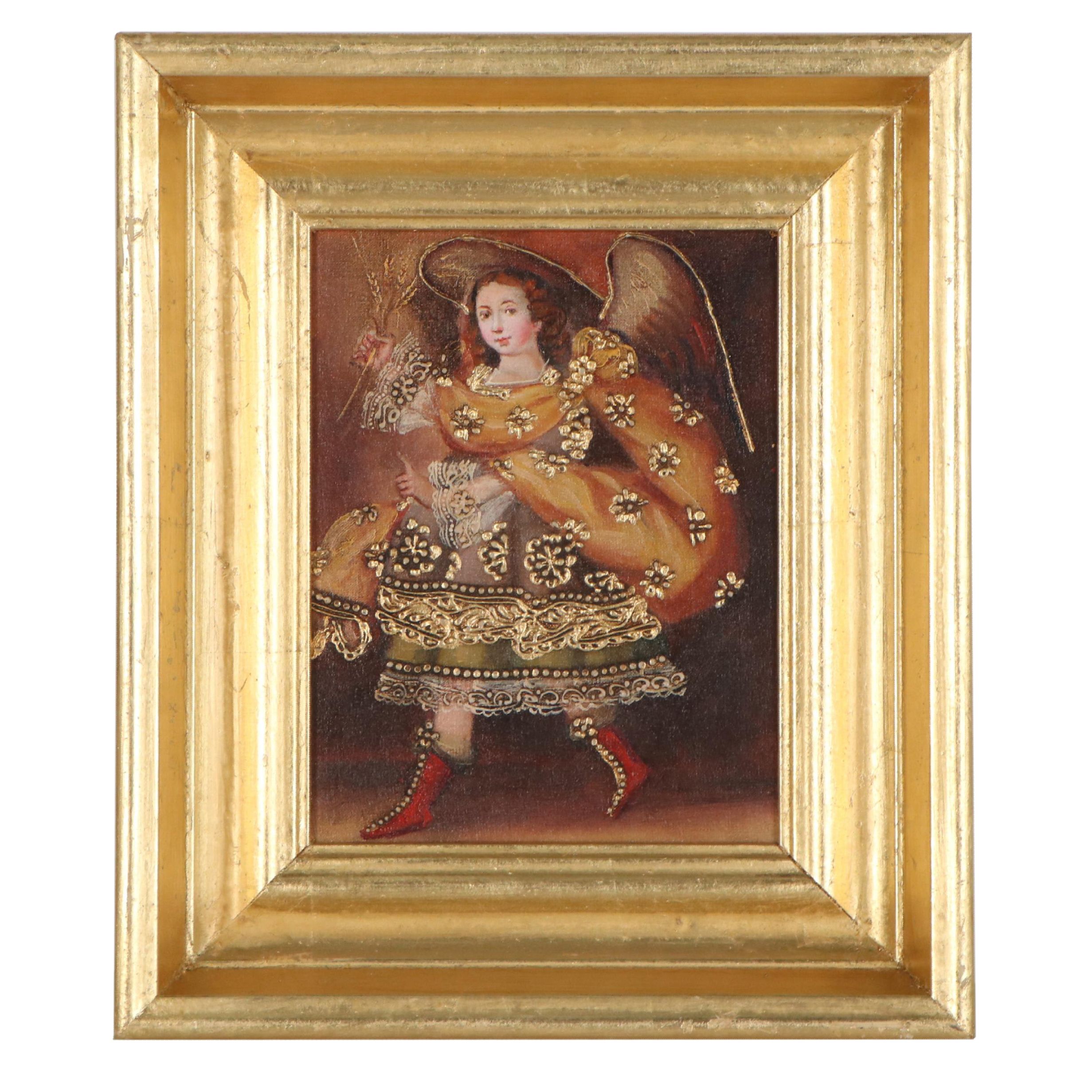 Cuzco School Style Oil Painting of Angel Carrying Wheat