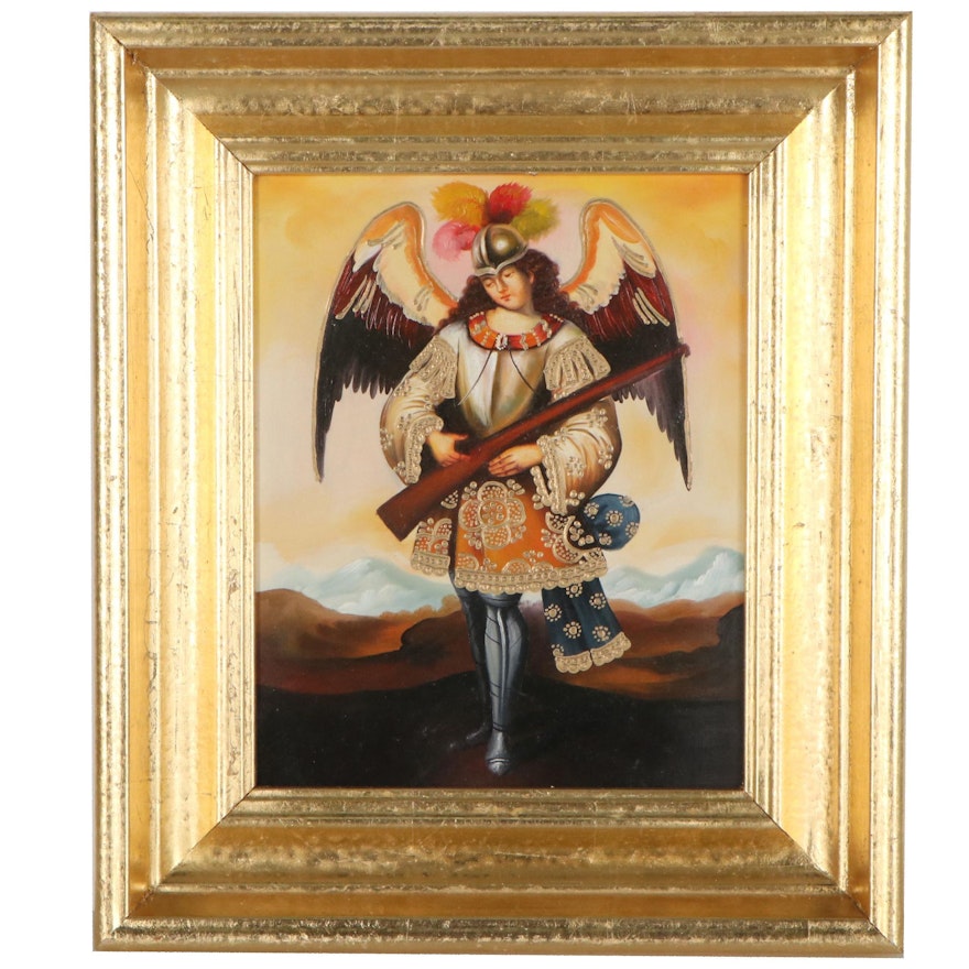 Cuzco School Style Oil Painting of Angel Carrying Arquebus, 21st Century
