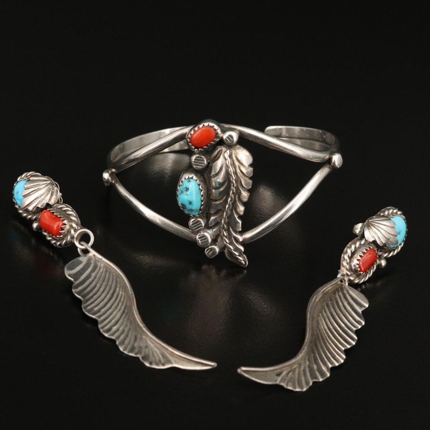 Southwestern Sterling Turquoise and Coral Feather Earrings and Bracelet