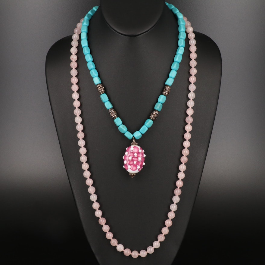 Magnesite and Lampwork Glass Beaded Necklace with Rose Quartz Necklace