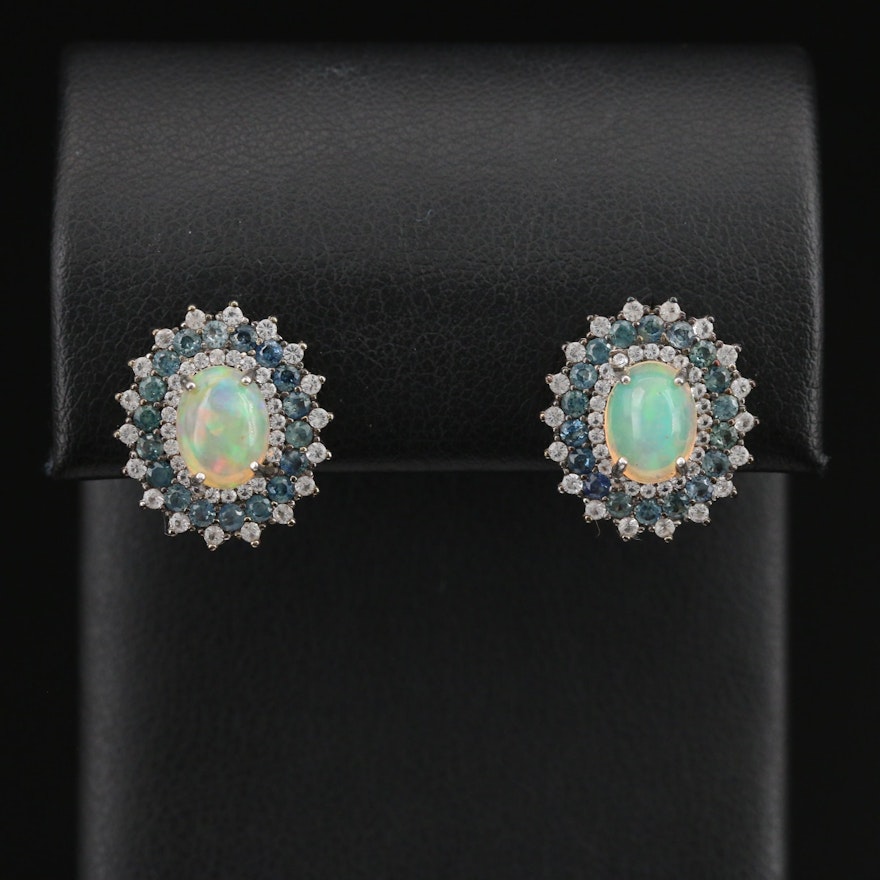 Sterling Opal Earrings with Triple Sapphire and Topaz Halo