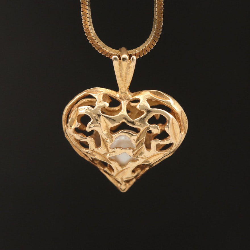 14K Pearl Openwork Heart on Italian Sterling Square Snake Chain Necklace