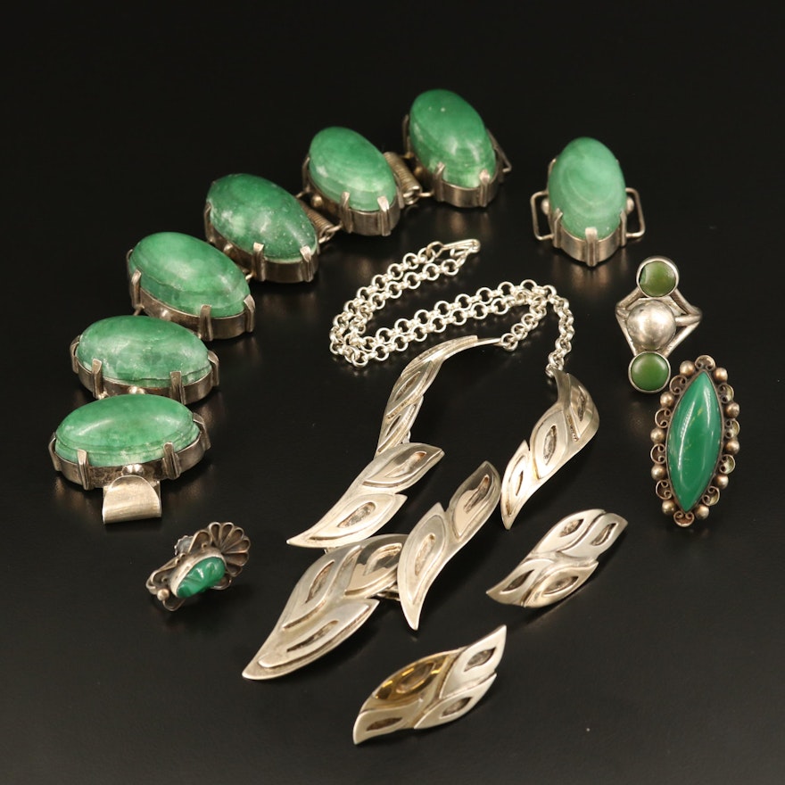 Sterling Silver Jewelry Including Malachite and Chalcedony