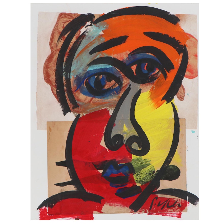 Peter Keil Abstract Acrylic Portrait Painting with Collage, Late 20th Century