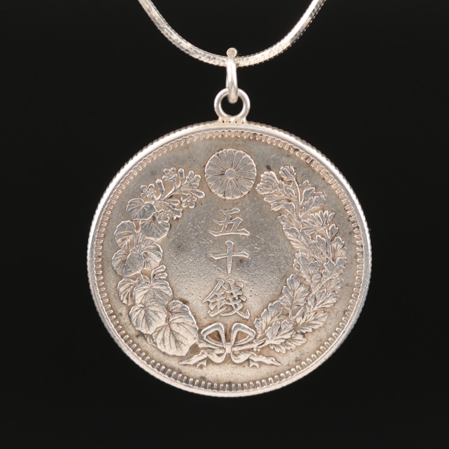 Japanese Coin Pendant on Sterling Silver Snake Chain