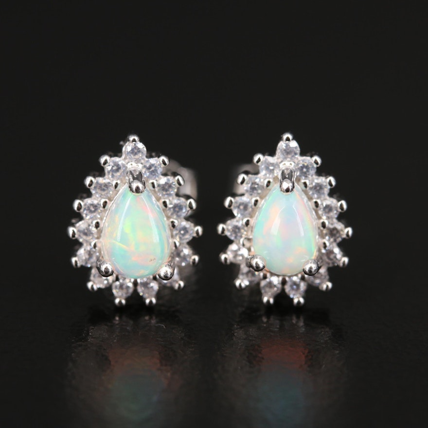 Sterling Opal and Cubic Zirconia Stud Earrings