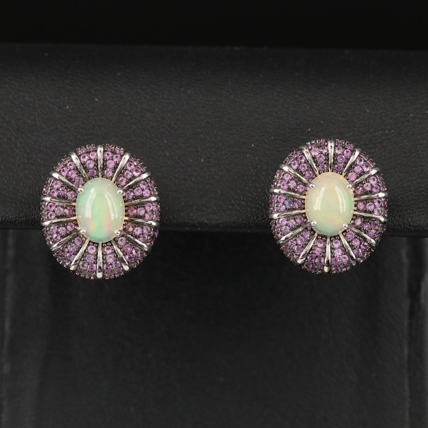 Sterling Opal and Sapphire Button Earrings