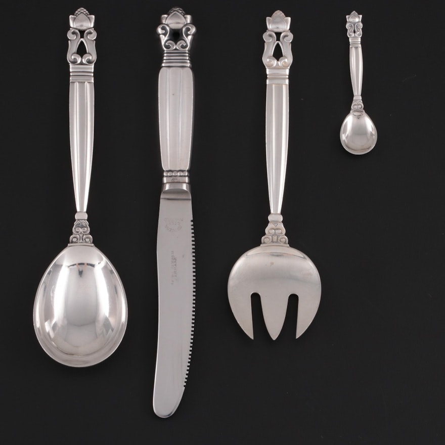 Georg Jensen "Acorn" Sterling Silver Utensils with Stainless Blade Fruit Knife