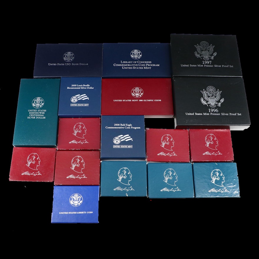 Seventeen U.S. Mint Coin Sets, Including Commemorative and Premier Silver Sets