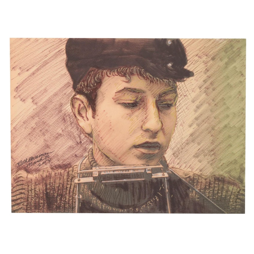 Ruth Freeman Drawing of Bob Dylan With Harmonica, 2014