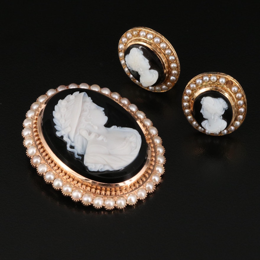 Victorian 14K Onyx and Pearl Cameo Brooch and Clip Earring Set