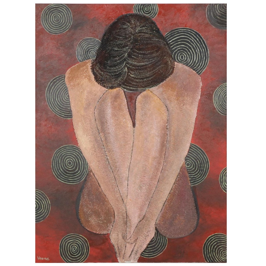 Veena Bansal Mixed Media Painting of Seated Nude, circa 2000