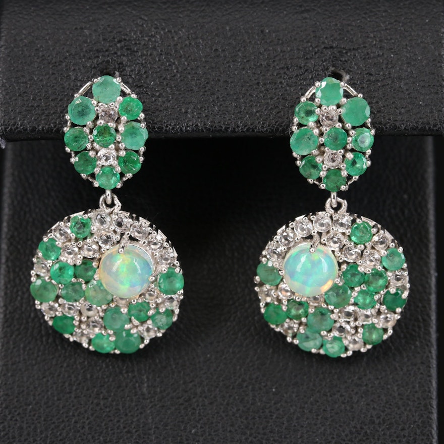 Sterling Opal, Emerald and Topaz Cluster Disk Earrings