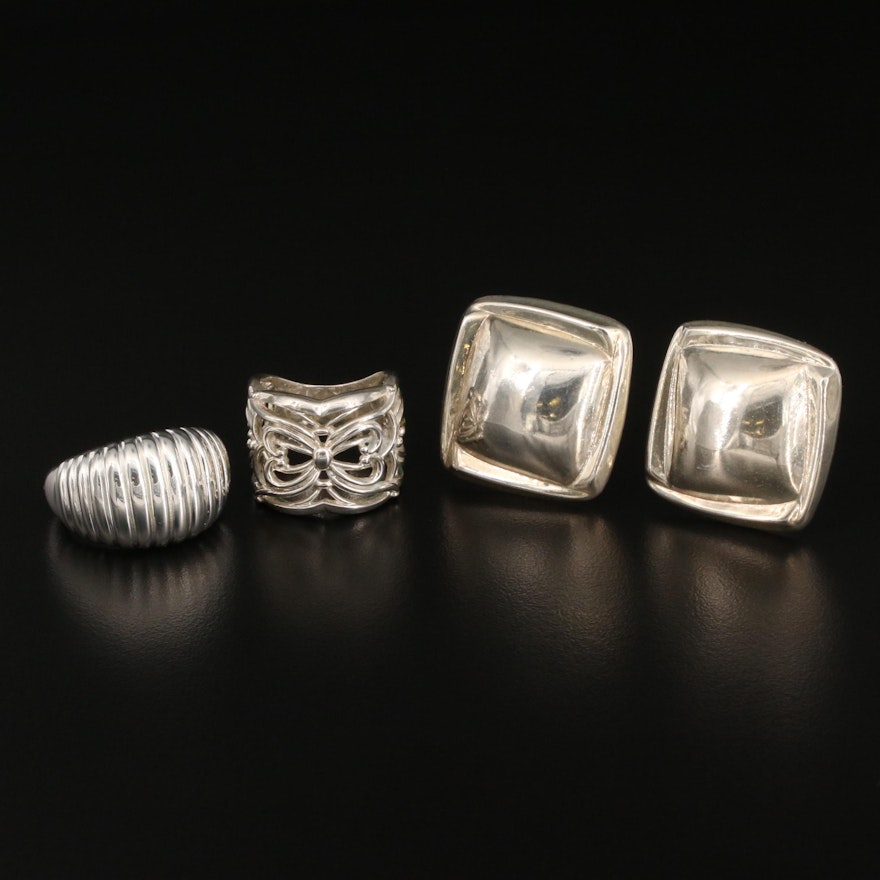 Sterling Silver Square Button Earrings, Openwork and Fluted Rings