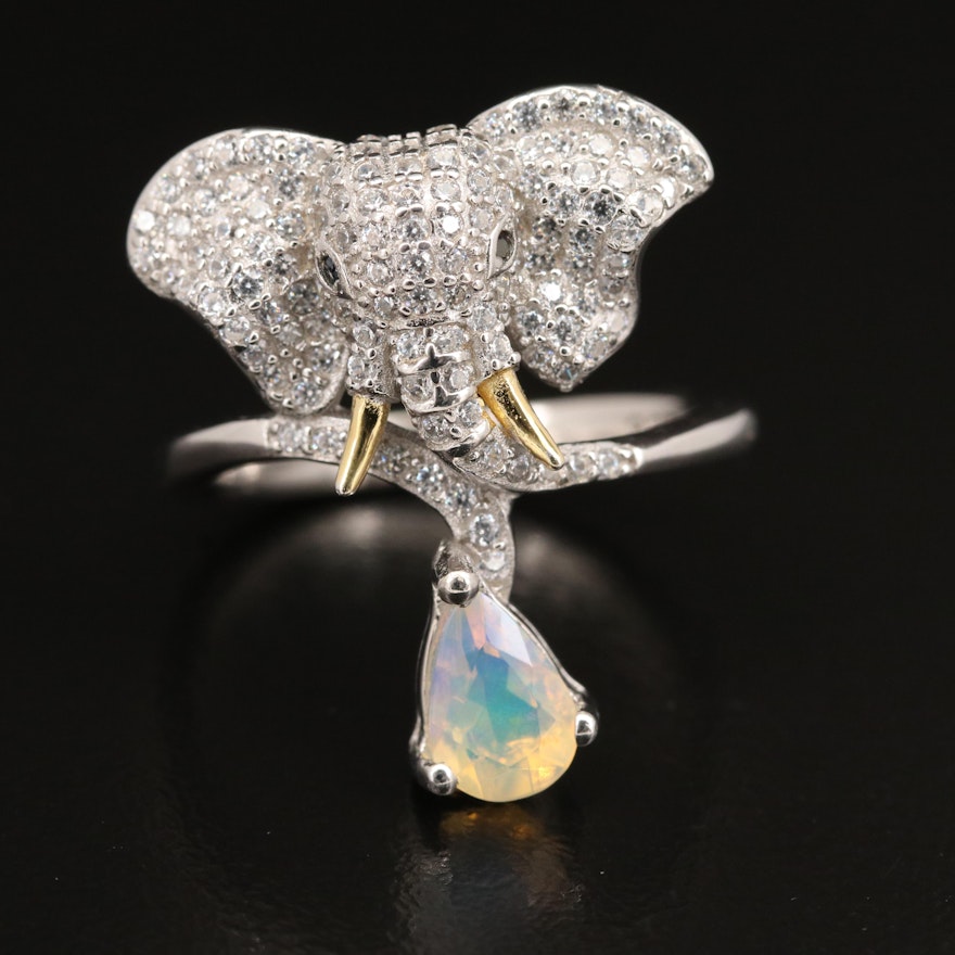 Sterling Pavé Cubic Zirconia and Opal Drop Elephant Ring