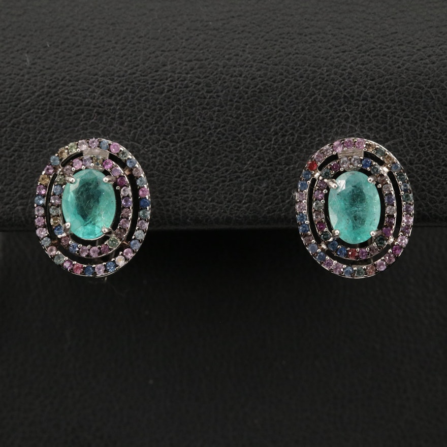 Sterling Silver Emerald and Sapphire Double Halo Earrings