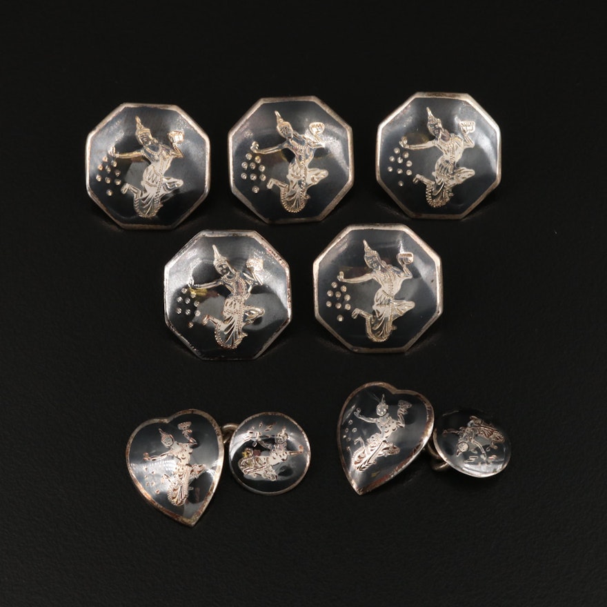 Thai Sterling Niello Shirt Studs and Cufflinks