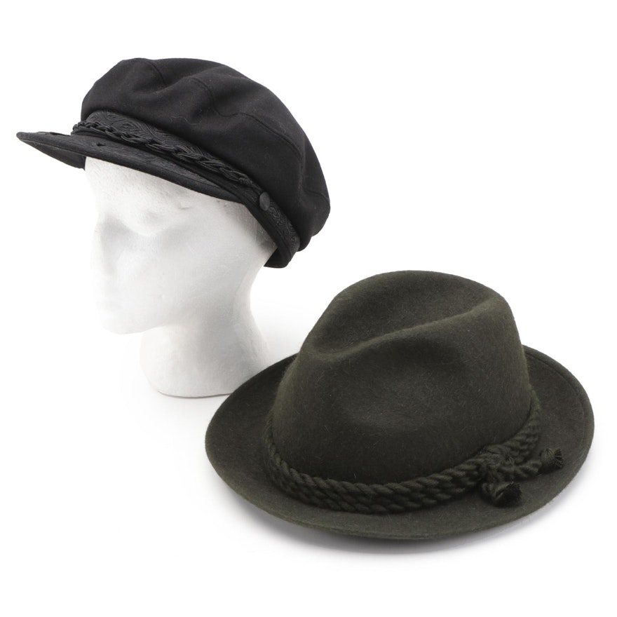 Greek Fisherman's Black Wool Felt Cap and Green Wool Short Brim Trilby Hat