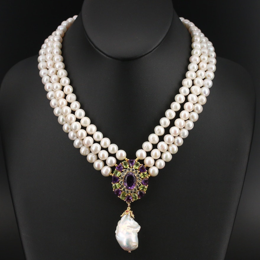 Sterling Multi-Strand Pearl Necklace with Amethyst and Peridot Pendant
