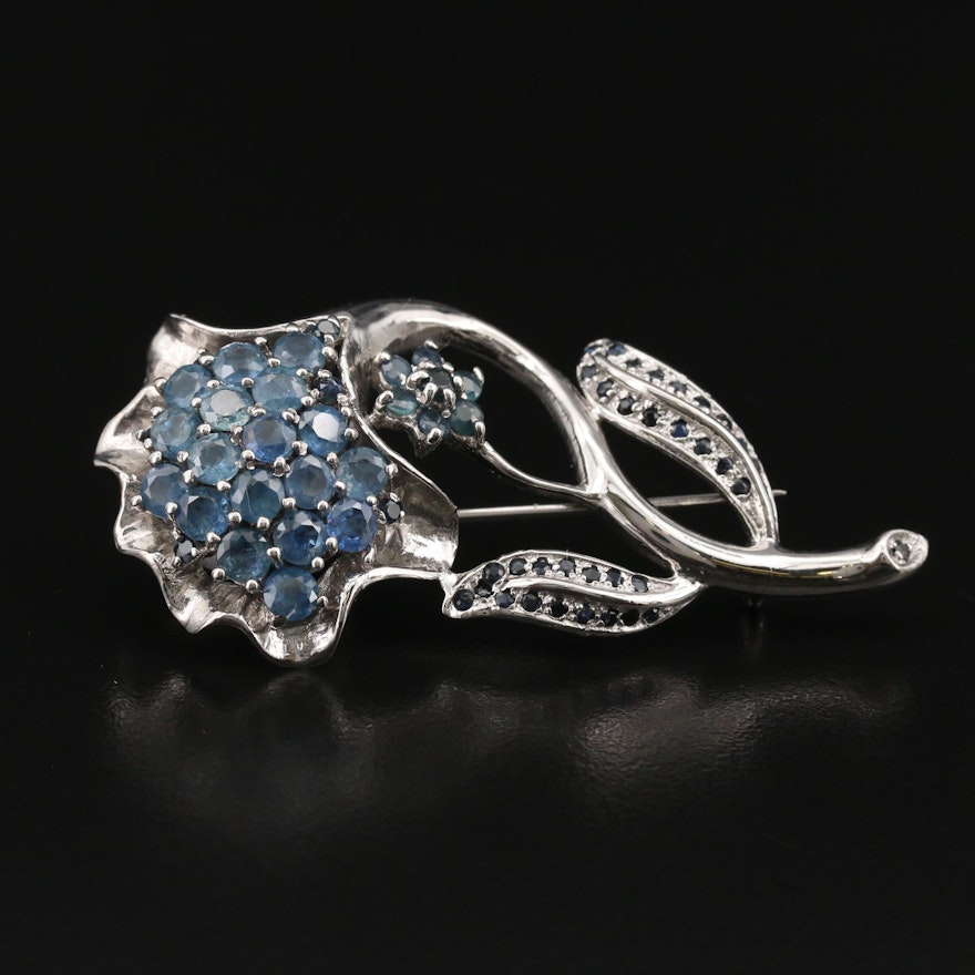 Sterling Sapphire and Corundum Floral Brooch