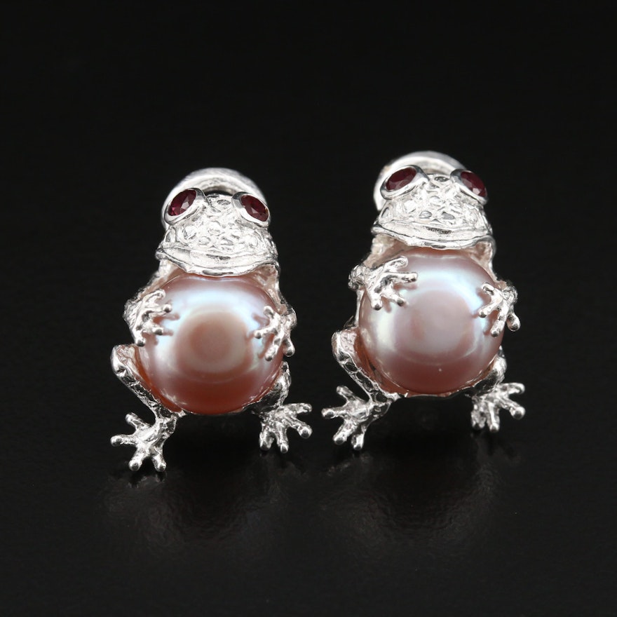 Sterling Pearl and Garnet Frog Earrings