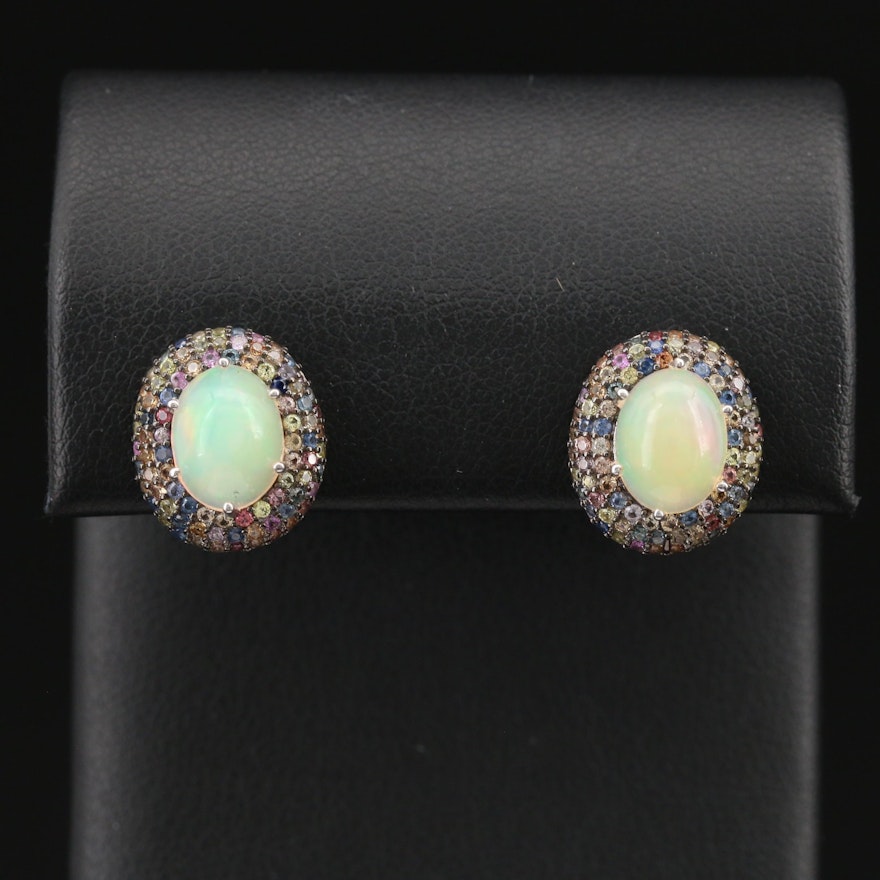 Sterling Opal and Sapphire Halo Earrings