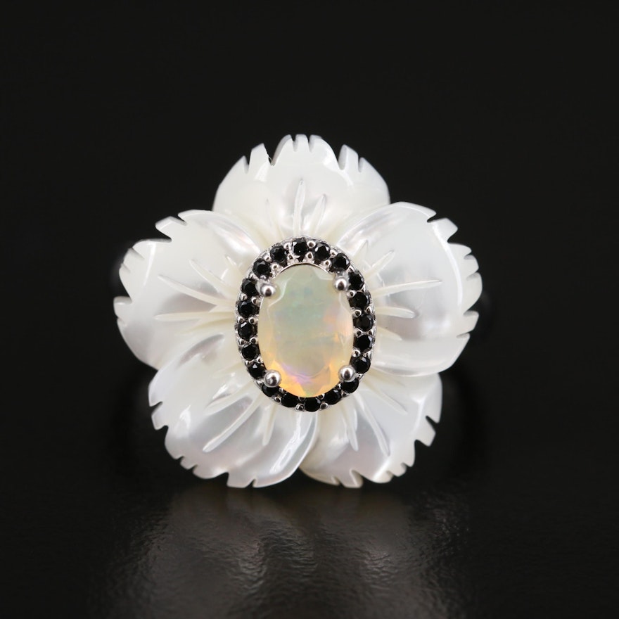 Sterling Opal, Mother of Pearl and Cubic Zirconia Flower Ring
