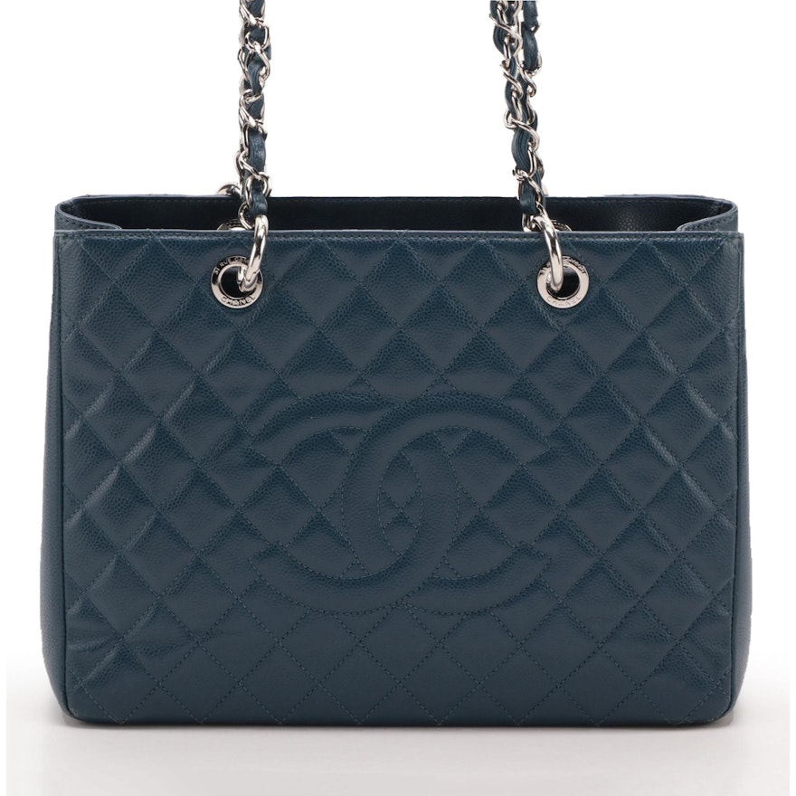 Chanel CC Grand Shopping Tote in Quilted Blue Caviar Leather