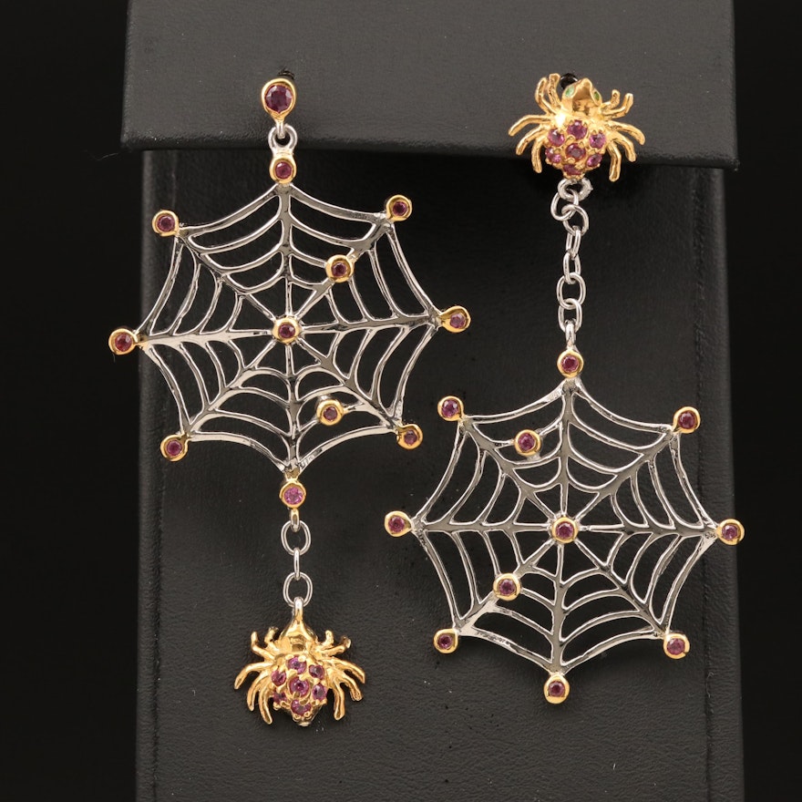 Sterling Rhodolite Garnet and Diopside Spider and Web Asymmetrical Earrings