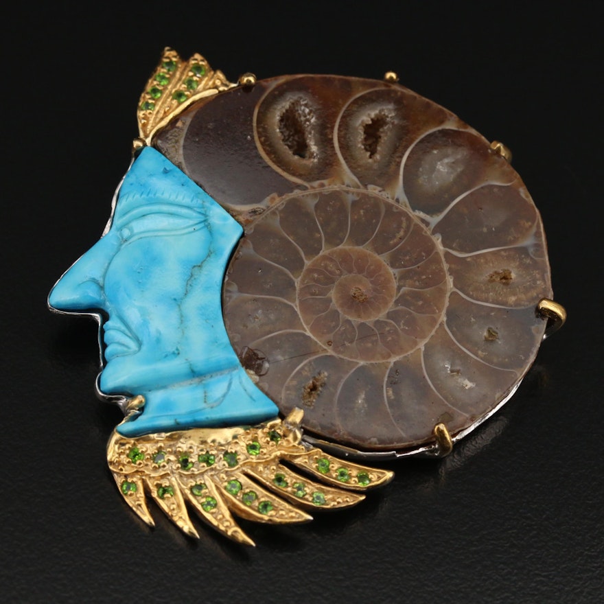 Sterling Figural Headdress Slide Pendant with Ammonite and Gemstones