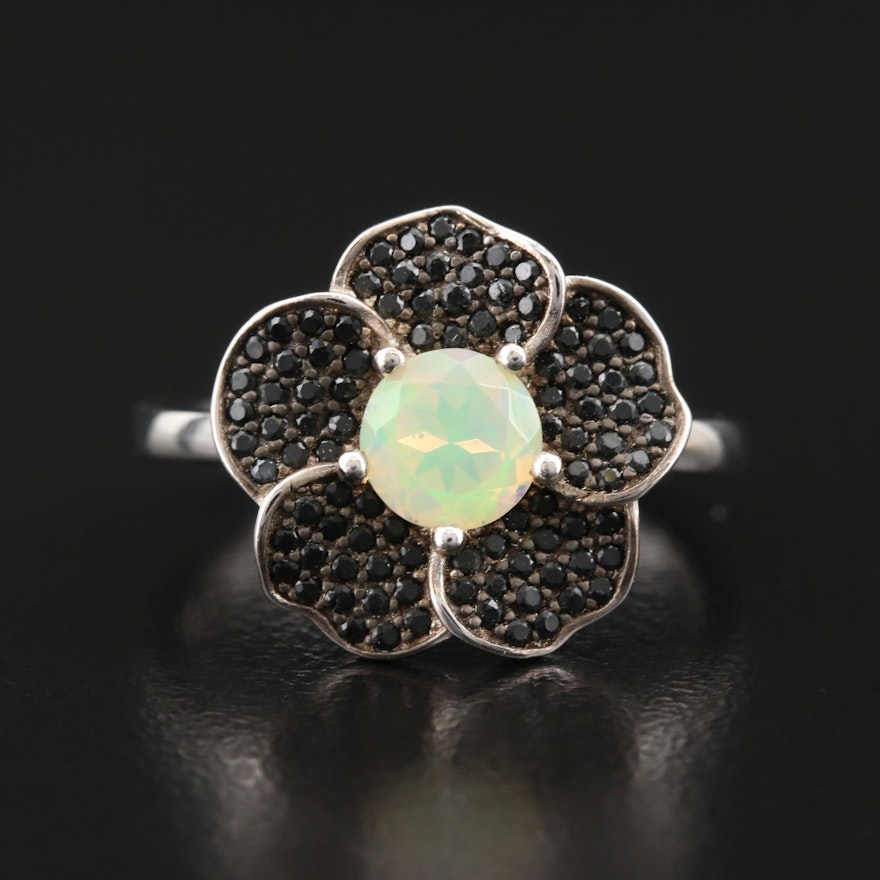 Sterling Opal Flower Ring with Pavé Cubic Zirconia Petals