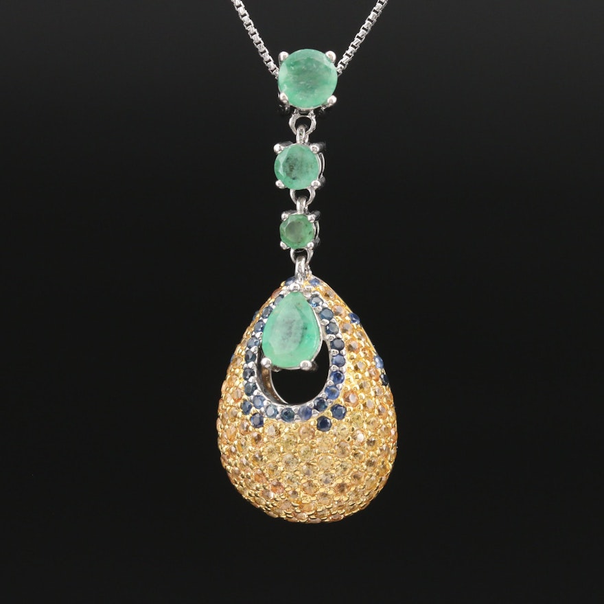 Sterling Emerald and Pavé Sapphire Slide Pendant Necklace