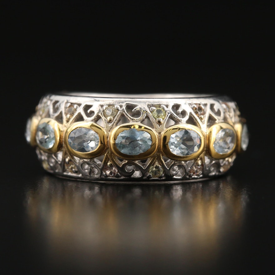 Sterling Aquamarine and Sapphire Scrollwork Band