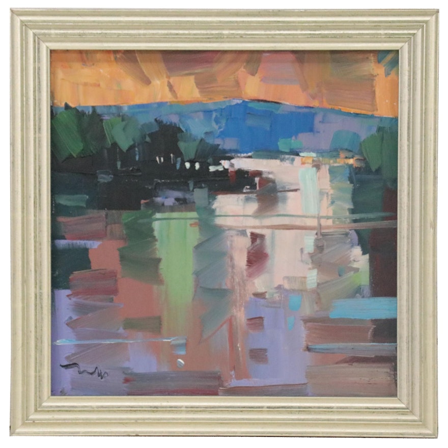Jose Trujillo Abstract Landscape Oil Painting "Lake Twilight," 2020
