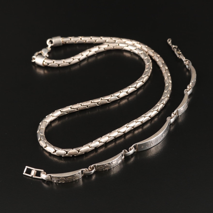 La Mode Sterling Bar Bracelet and Fancy Link Necklace