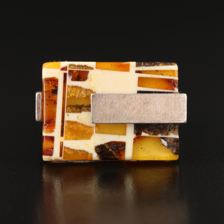 Contemporary Sterling Geometric Amber Mosaic Inlay Ring