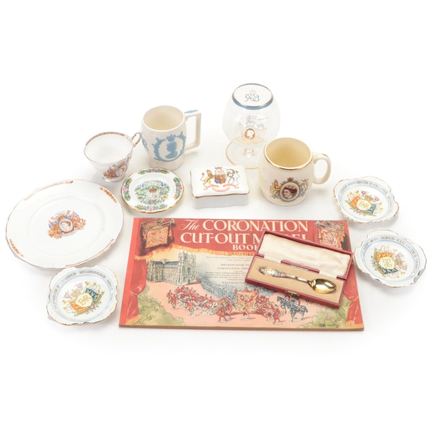 Coronation of Queen Elizabeth II Memorabilia Including Plates, Mugs, and Spoon