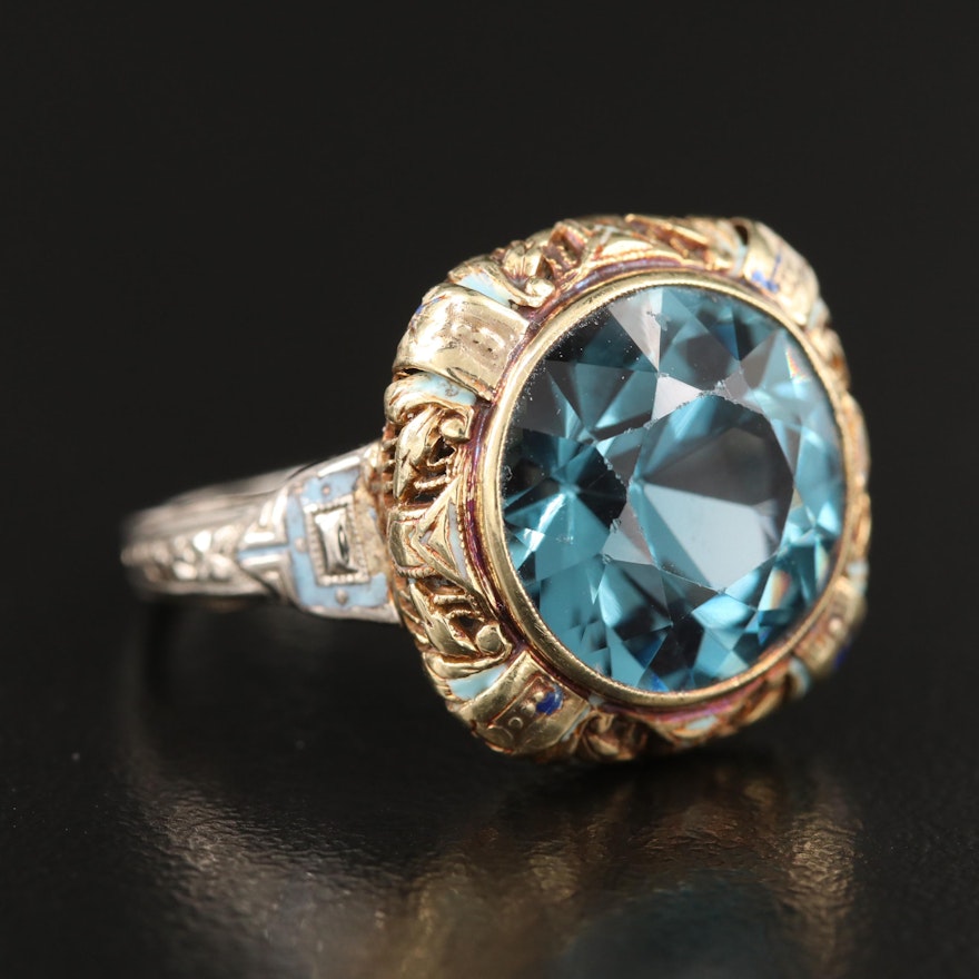 1930s 14K Two-Tone Gold Spinel and Enamel Ring