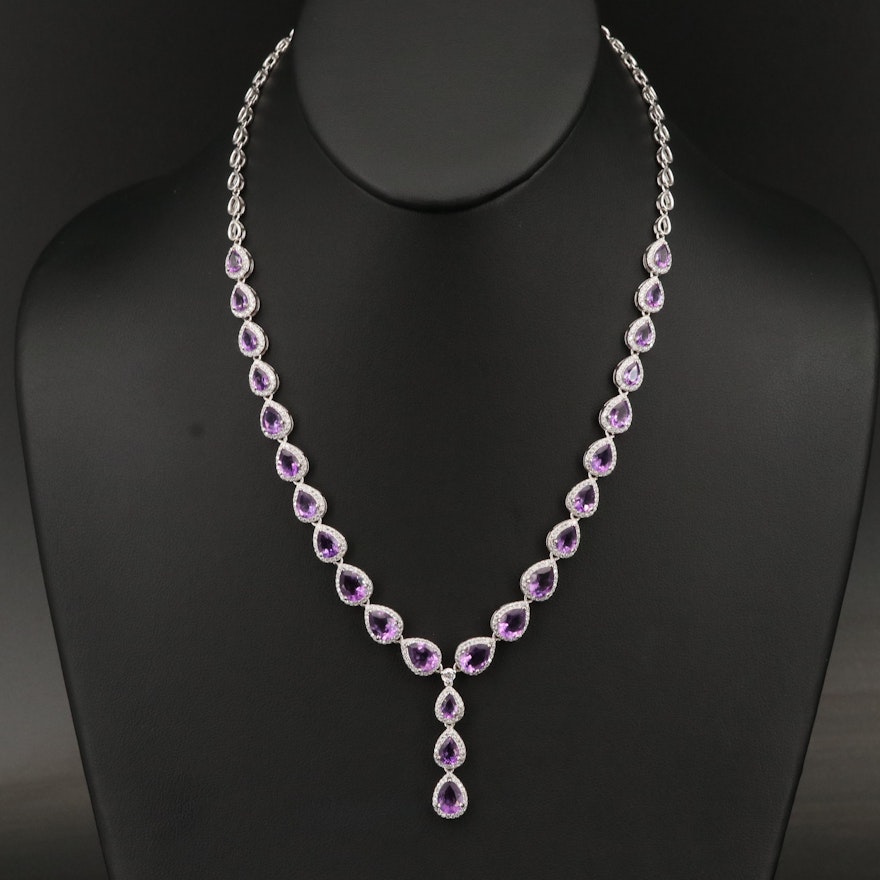 Graduated Sterling Silver Amethyst and Cubic Zirconia Drop Necklace