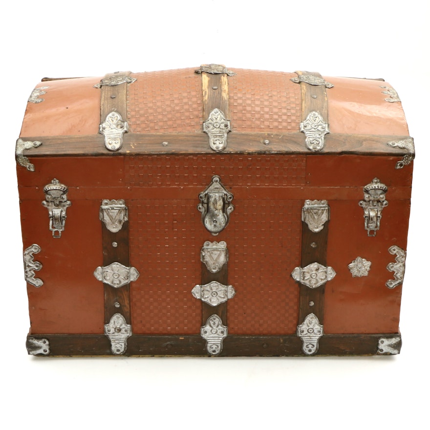 Late Victorian Wood and Metal Dome Top Steamer Trunk with Embossed Fixtures