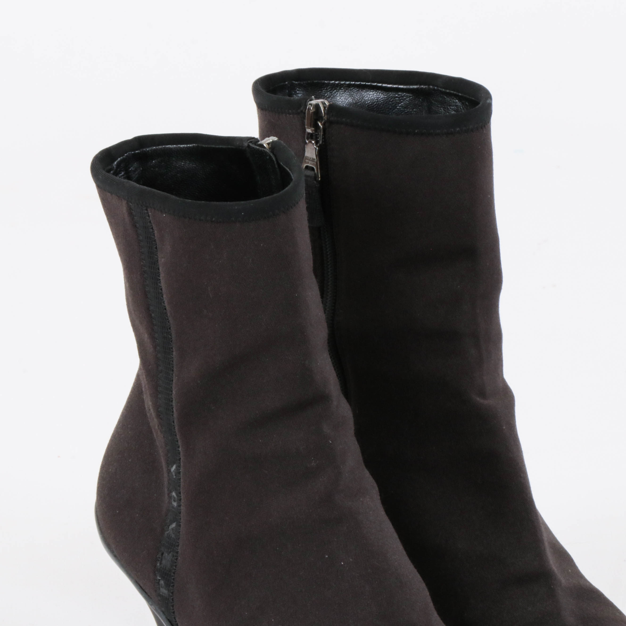 Prada Dark Brown Zip-Up Ankle Boots with Black Trim