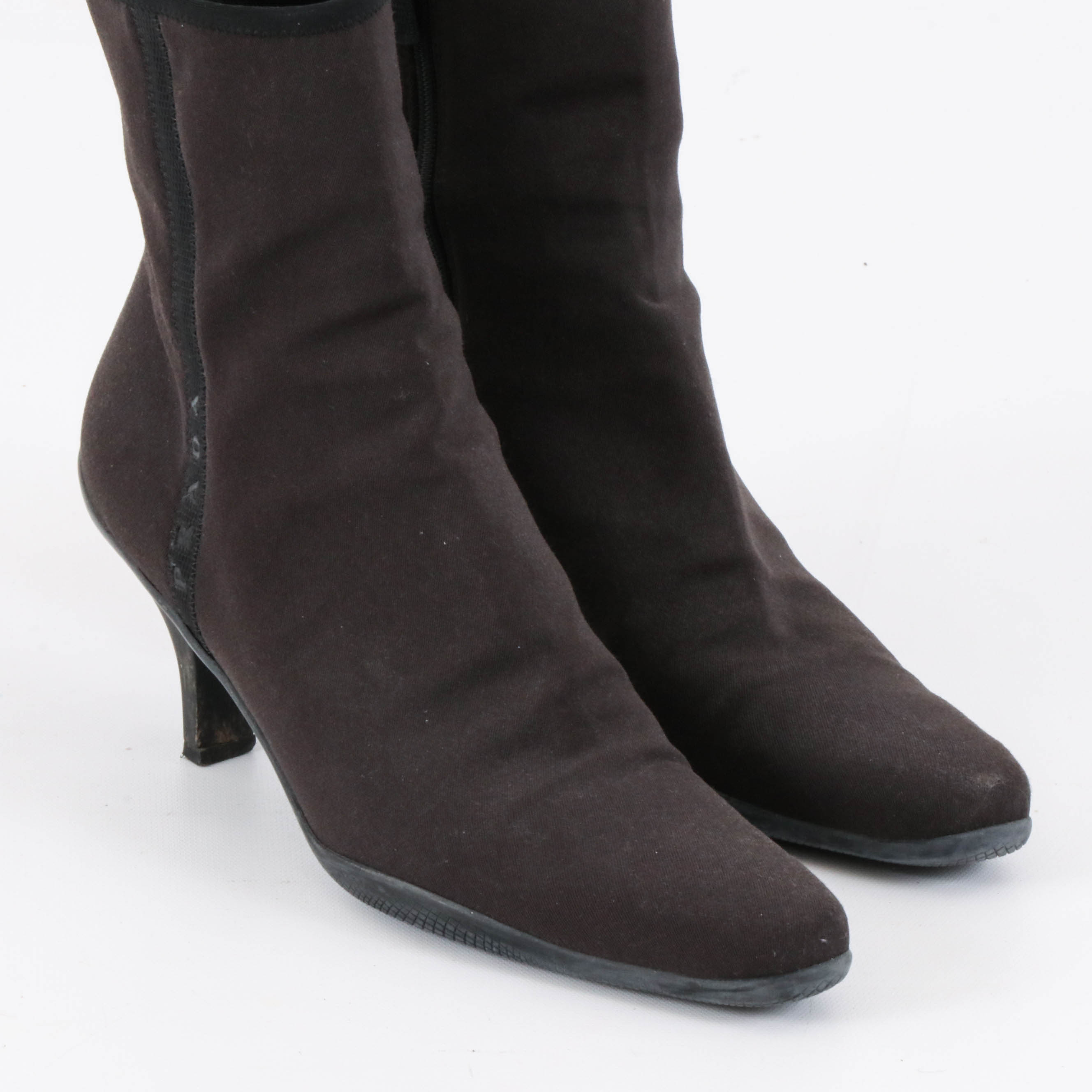 Prada Dark Brown Zip-Up Ankle Boots with Black Trim